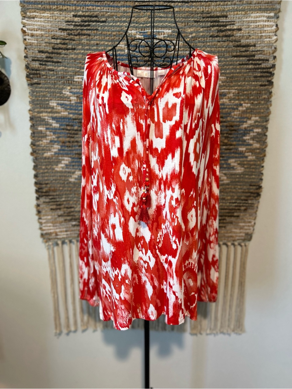 Kim Gravel “Belle” Red & White Ikat Tie-Neck Top